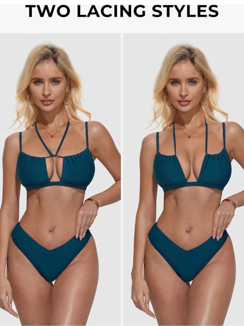 Women's V-Front Strappy Bikini Set in Deep Teal